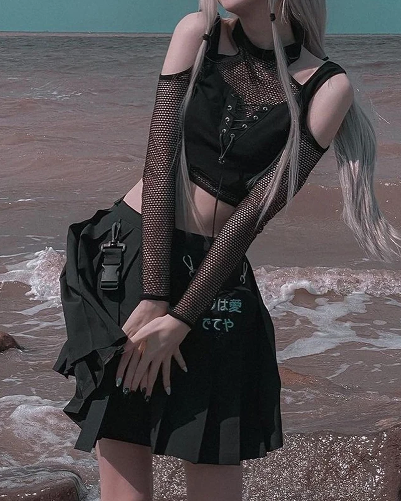 Black Fishnet Crop Top Long Sleeve