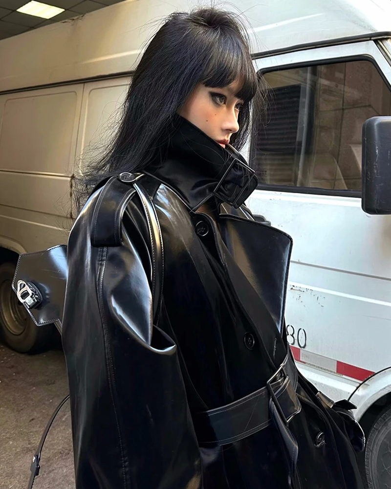 Black Leather Trench Coat Womens