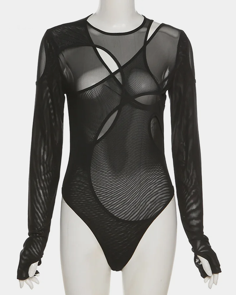 Black Mesh Bodysuit Long Sleeve