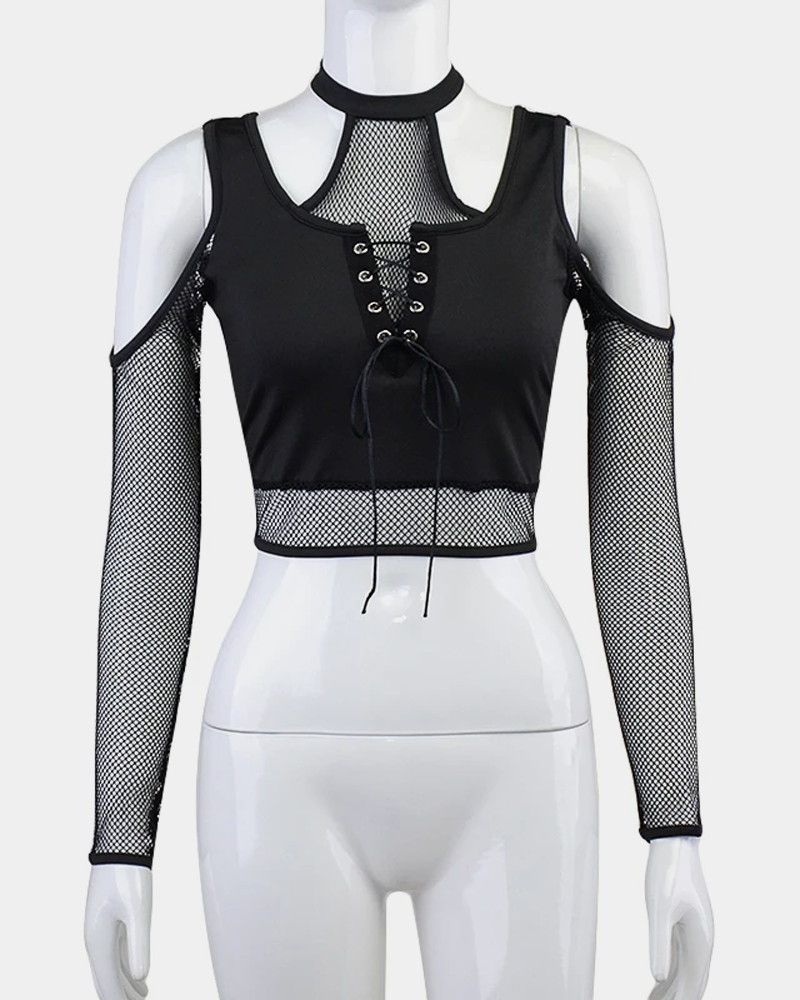 Black Fishnet Crop Top Long Sleeve