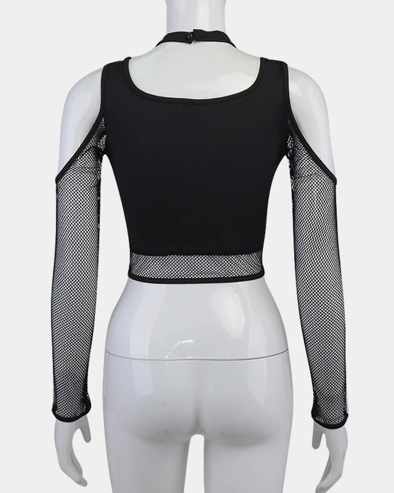 Black Fishnet Crop Top Long Sleeve